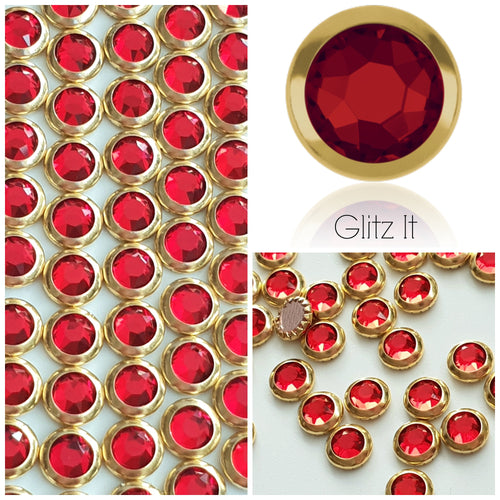 Swarovski Hotfix Flatbacks: Light Siam (Red) with Gold Frame - Glitz It