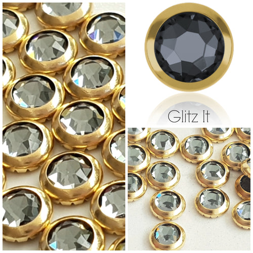 Swarovski Hotfix Flatbacks: Silver Night (Grey) with Gold Frame - Glitz It